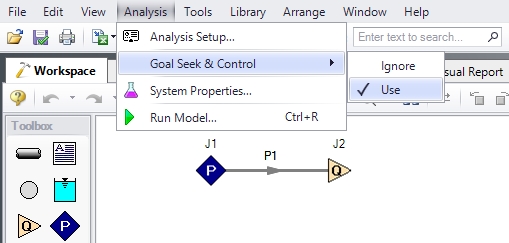 Selecting Use for Goal Seek and Control from the Analysis Window.